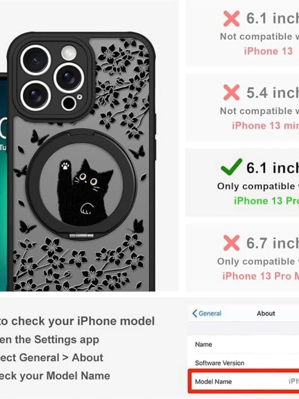 Black Cat Floral iPhone 13 Pro Case with Ring Grip